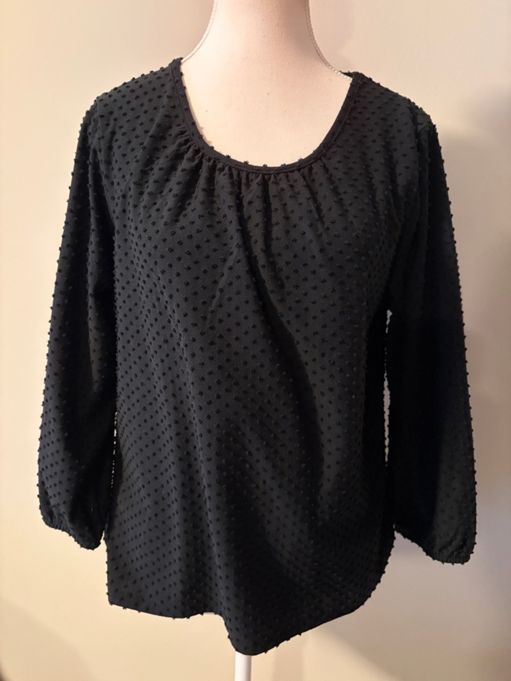 J. Crew Black Swiss Dot Long Sleeve Scoop Neck Blouse. Size Medium